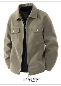 Detail of a bean green men's PU leather jacket with classic lapel and front utility pockets