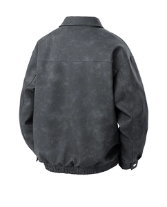 Back view of a charcoal grey men's vintage PU leather flight jacket with washed texture