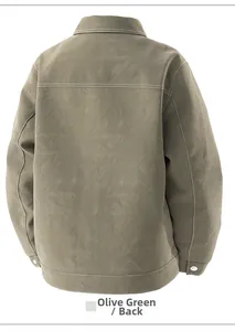 Pea green leather jacket back view with stylish white contrast stitching details