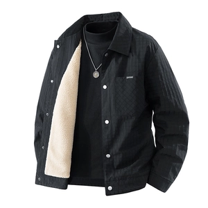 Men Winter Fleece Lined Cotton Padded Jacket Waffle Grid Textured Quilted Warm Coat Lapel Business Casual Outerwear For Men