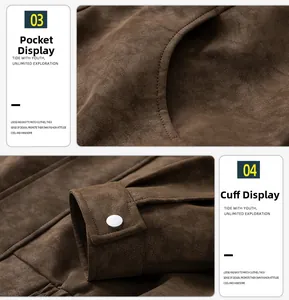 Détail de veste aviateur en daim marron montrant les coutures de poche et les poignets