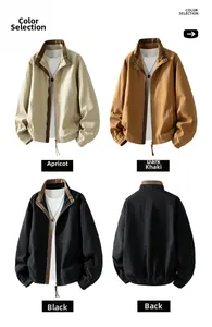 Collage of loose standing collar jackets in apricot, deep khaki, and black colors