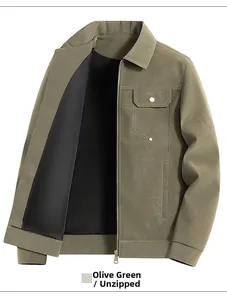 Detail of pea green faux leather jacket featuring contrast stitching and chest pocket