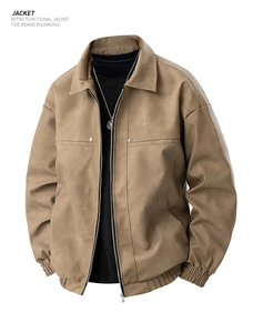 Macro detail of khaki retro functional jacket with silver zipper and vintage collar