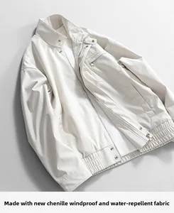 Detail of chenille fabric texture on windproof and waterproof casual jacket with metal zipper