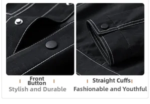 Detail of black workwear jacket featuring metallic snap buttons and white contrast stitching