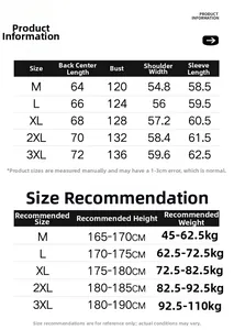 Detailed size chart for autumn casual jacket showing measurements and fit recommendations