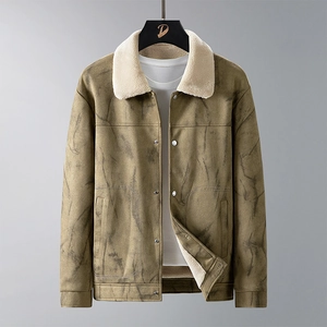 Brown-green suede jacket for men with warm cream fleece lining and lapel collar