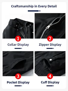 Detail view of men's jacket featuring stand collar, metal zipper, pockets and cuffs