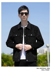 Detail showing the black checkerboard texture and flap pockets of the men jacket