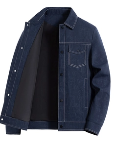 Close-up of contrast stitching and letter jacquard texture on men's dark blue denim jacket