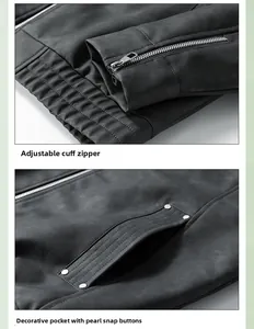 Detail of jacket cuff with adjustable metal zipper and pockets with pearl rivet accents
