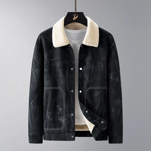 Men's black faux suede jacket with white faux shearling collar and contrast stitching