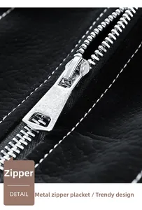 Close-up of premium black leather jacket showing durable silver metal zipper detail