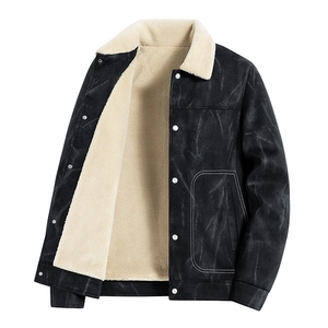 Men's retro black faux suede jacket with white faux shearling lining and metal snaps