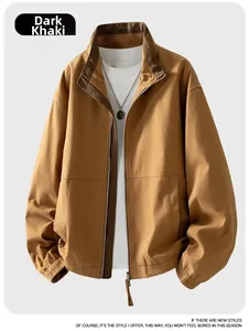 Detailed view of dark khaki stand-up collar casual jacket with zip-up design and ribbed cuffs