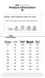 Detailed size chart for men winter fleece jacket ranging from M to 7XL with measurements