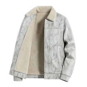 Men's retro light grey faux suede jacket with warm white fleece lining and lapel collar