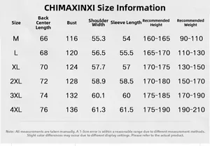Detailed size chart for men's casual jacket including chest, length and shoulder measurements