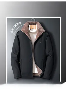 Detailed view of men's winter jacket with plush brown faux fur lining and stand collar