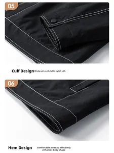 Detail of jacket cuffs and hem showing white contrast stitching and snap button closure