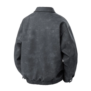 Men's vintage charcoal grey faux suede bomber jacket with ribbed hem, back view display