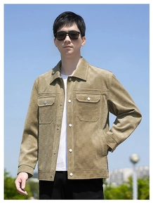 Detail view of khaki checkered suede jacket featuring metal buttons and large chest pockets