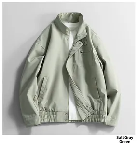 Detail view of Salt Grey Green windproof jacket with stand collar and zipper closure