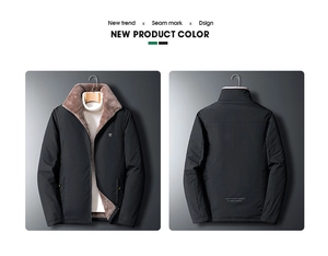 Detailed view showing the plush brown faux fur lining inside this black men's winter jacket