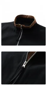 Detailed macro view of the stand-up collar with brown corduroy lining and silver metal zipper