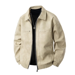 Slim fit men's beige faux leather jacket with lapel collar and zip-up motorcycle style