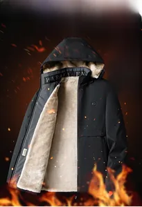 Detail showing high-quality black padded jacket with thick fleece lining and hood