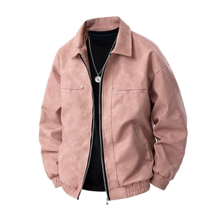 Men's dusty pink faux suede biker jacket with silver zipper and ribbed cuffs