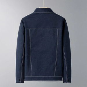 Men's dark blue twill jacket featuring letter jacquard patterns and contrast white stitching