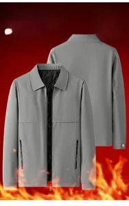 Close-up of windproof grey jacket featuring a warm quilted black diamond lining and zip pockets