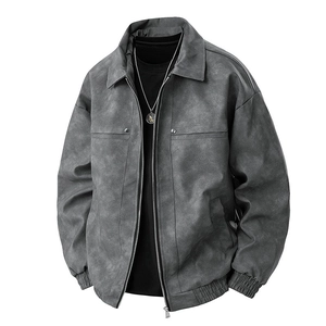 Slim fit retro grey leather biker jacket for men with lapel collar and zip closure