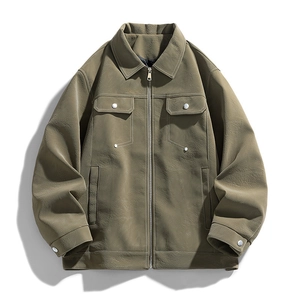 Men's casual olive leather jacket with lapel collar and contrast stitching details