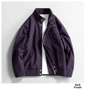 Detail view of dark purple men's stand collar jacket with metal snap buttons and zip pocket