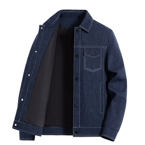 Men's navy casual jacket with white contrast stitching and subtle letter patterns