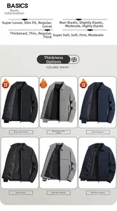 Detailed size chart and specifications for men's business casual padded winter jacket