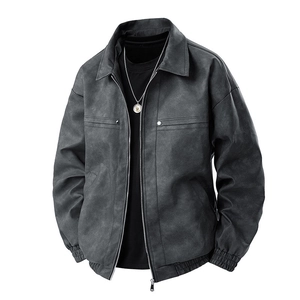 Slim fit men's dark grey vintage motorcycle jacket with classic lapel and zip closure