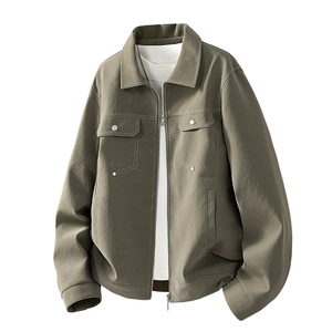 Olive green leather jacket for men with lapel collar and chest pockets for autumn fashion