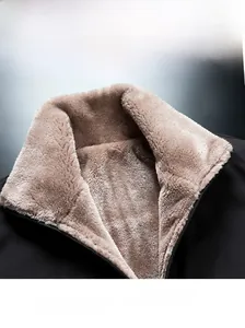 Close-up of windproof winter jacket with thick faux fur lining on the collar