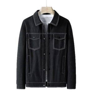 Men's black jacket with embossed letter texture and contrast white stitching details