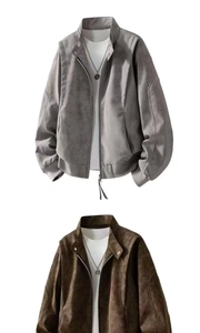 Détails des vestes de motard en similicuir gris et marron avec col montant et fermeture éclair