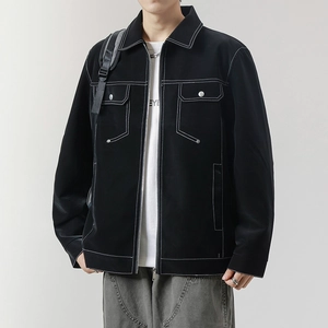 Men's stylish black jacket with white contrast stitching and large chest utility pockets