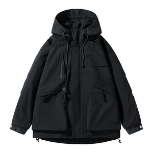 Herren Techwear Jacke Mit Kapuze Mehrfachtaschen Utility Mantel Vintage Locker Geschnittene Cargo Winddicht Polyester Top