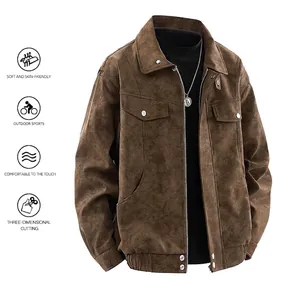 Blouson aviateur vintage en cuir PU marron pour hommes avec col à revers et poches