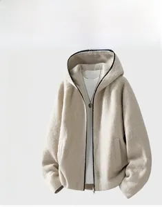 Detail of soft fleece texture on loose fit zip-up jacket for men and women