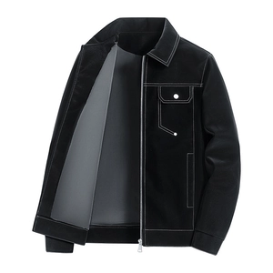 Men's black faux leather jacket with stylish white contrast stitching and lapel collar